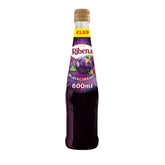 A 600ml Ribena Blackcurrant Squash Soft Drink in a glass bottle with a beige cap and a £1.69 price label.